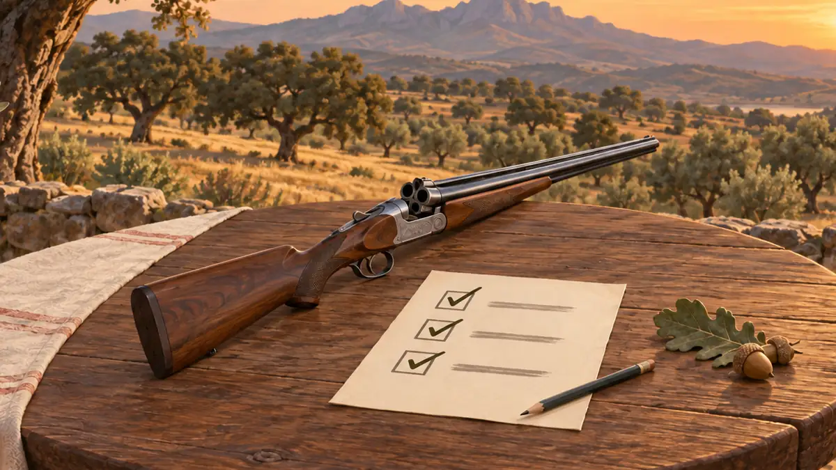 Escopeta de caza abierta junto a un test del permiso de armas con respuestas marcadas
