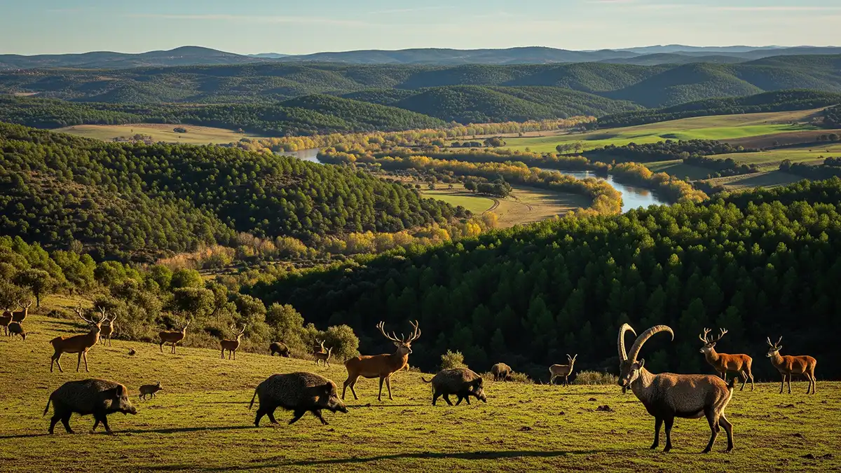Espainiako ehiza-barruti baten ikuspegi panoramikoa arauzko seinaleztapenarekin
