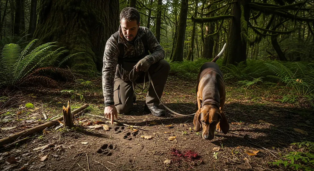 Cazador examinando huellas, vegetación y otros indicios en el terreno para rastrear animales heridos