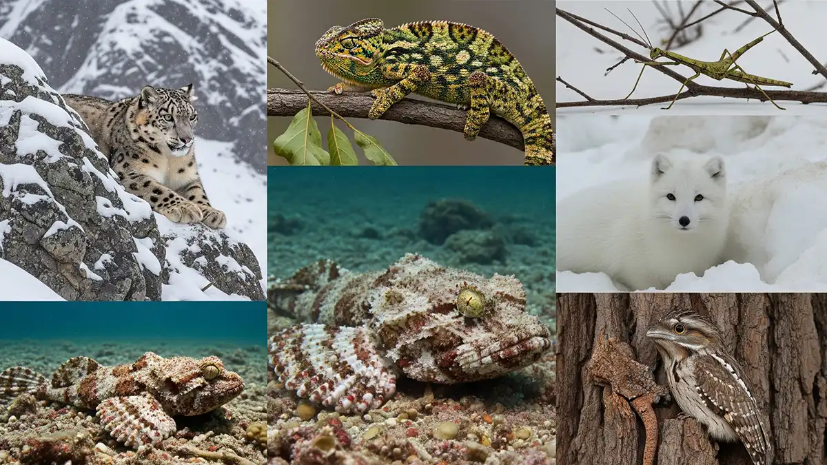 Ilustración de tipos de camuflaje: coloración, patrones, mimetismo y transparencia.