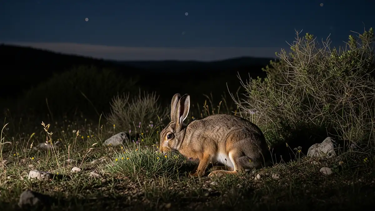 Liebre ibérica alimentándose en su hábitat natural, mostrando su comportamiento típico de forrajeo