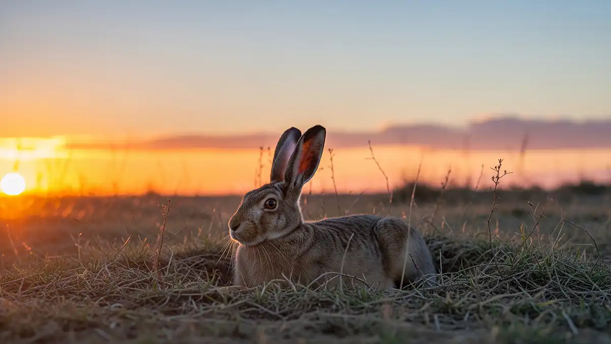 Liebre ibérica en su encame diurno, demostrando su comportamiento característico de descanso